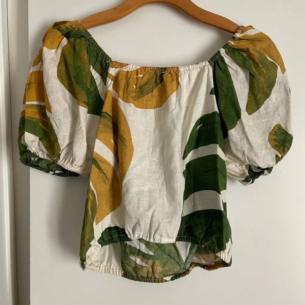 Rachel Zoe Linen Cropped Short Puff Sleeve Wide Neck Shirt Top Green Floral NWT
